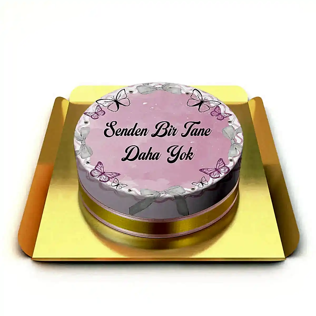 Kelebekli Kurdeleli Yazılı Pasta