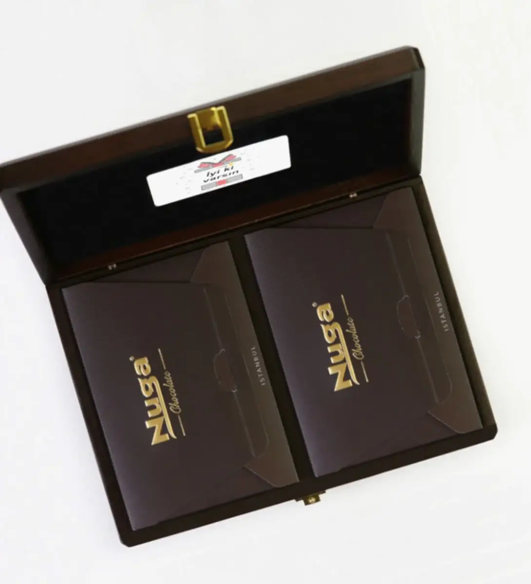 Kişiye Özel Hediye Koyu Ahşap Kutu İkili Çikolata