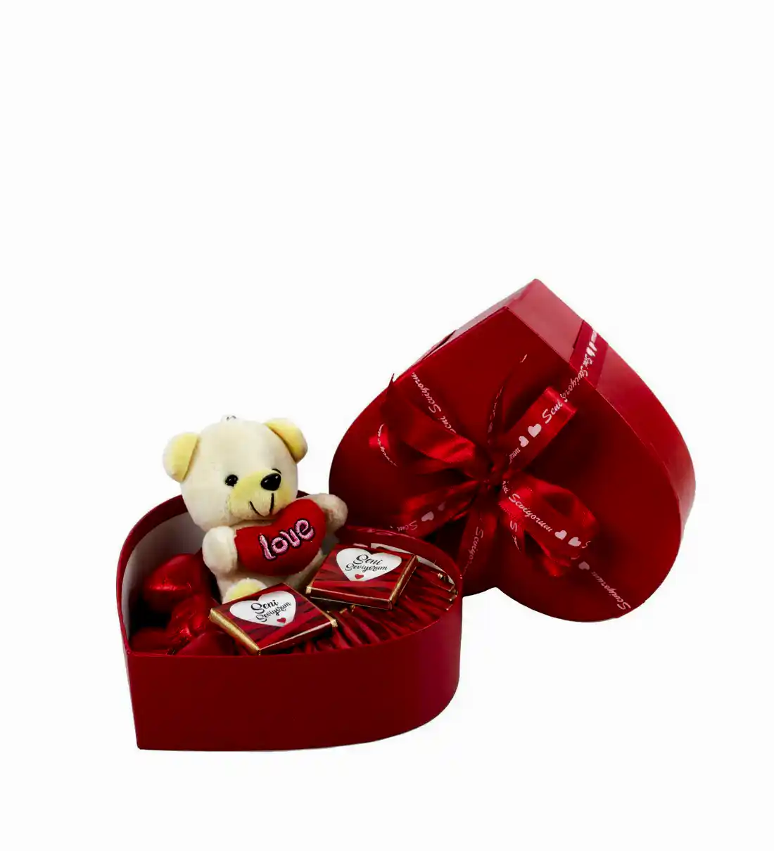 Sevimli Ayıcıklı Kırmızı Kalpli Kutu Çikolata