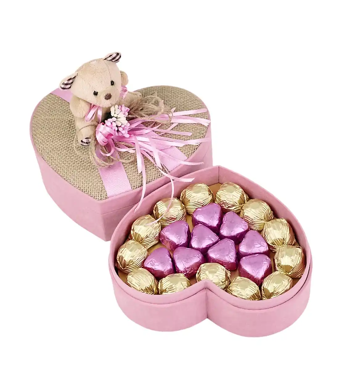 Hasır Kapaklı Ayıcıklı Pembe Kalp Kutu Special Çikolata