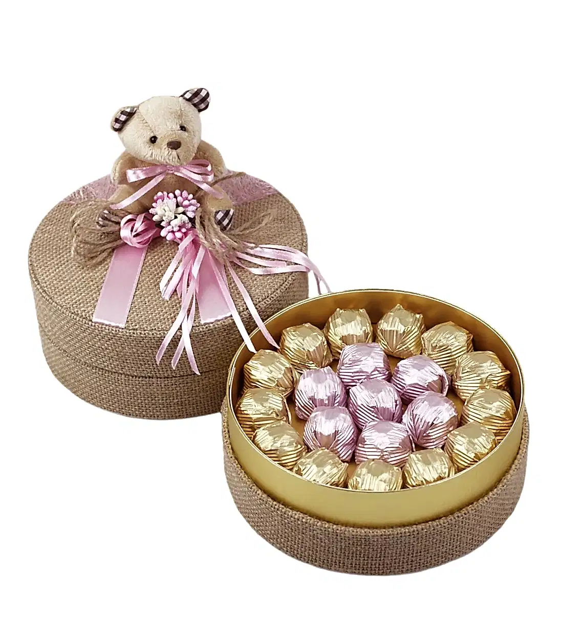 Pembe Süslü Ayıcıklı Hasırlı Yuvarlak Kutu Special Çikolata